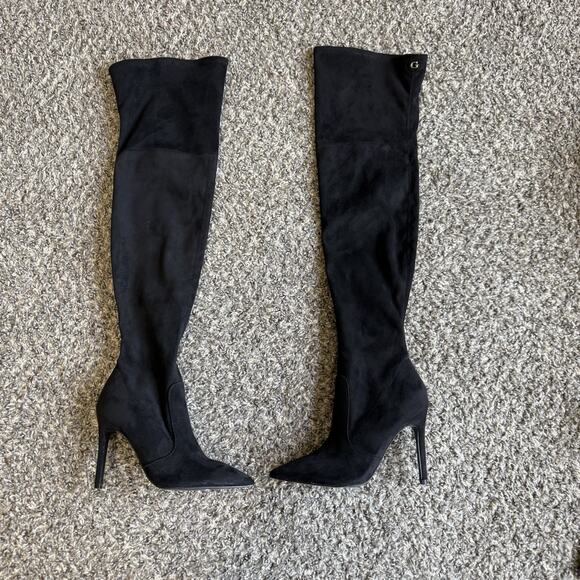 GUESS BONIS Thigh High OVER THE KNEE BOOTS Faux Suede Zip Pointed 5 Heeled New - Picture 1 of 7